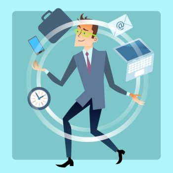 Businessman juggler planning time work. Business and finances. Male office worker juggles smartphone, laptop, mail, documents, portfolio