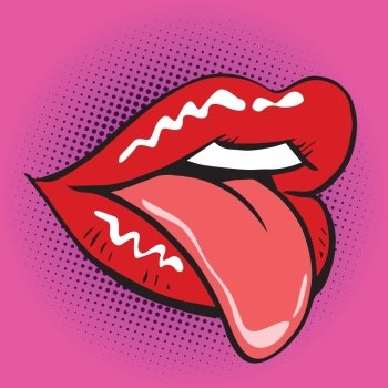  lips tongue pop art retro. Illustration imitating vintage figure.  lips tongue pop art retro