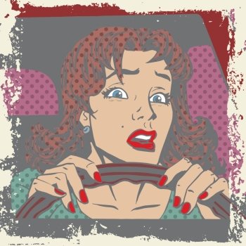 Scared woman driver behind the wheel of a car pop art comics retro style Halftone. Imitation of old illustrations. Delave effect old paper.  Scared woman driver behind the wheel of a car pop art comics re