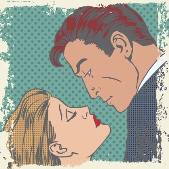  A man and woman about to kiss pop art comics retro style Halftone. Imitation of old illustrations. Delave effect old paper. man and woman about to kiss pop art comics retro style Halftone