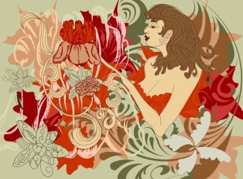 vector woman with flowers instead of hands, eps 10, clipping mask