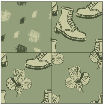 a set of vector seamless grunge background with boots and flowers, clipping masks