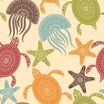 Vector Seamless Pattern with turtles, starfishes, and jellyfishes, seamless pattern in swatch menu