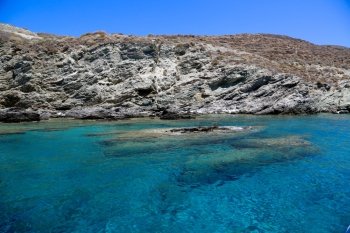 Blue beach and lagoon at the Folegandros island in Greece