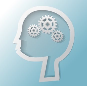 Illustration of three gears in head with blue background