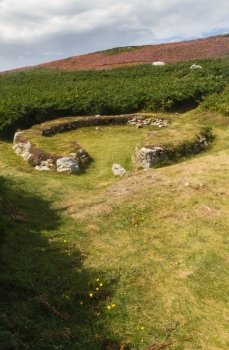 Remains of hut, now a circle. Settlement of about twenty buildings dating 2000BC, Bronze Age. Holyhead, Anglesey, Wales, United Kingdom