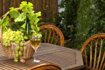 White wine bottle and bunch of grapes on basket, glass with in summer garden