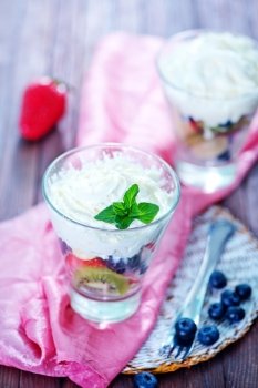 fruit mix with whipped cream in glass