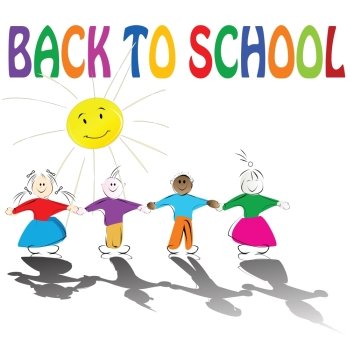 Back to school illustration with cute kids holding hands and smiling sun