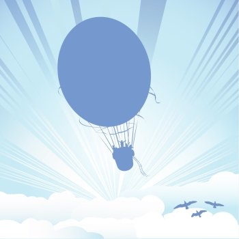 Hot air balloon silhouette on clouds background
