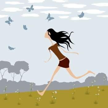 Fantasy illustration, little girl chasing butterflies