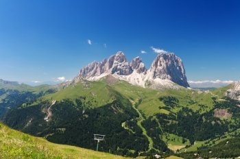 summer view of Langkofel - Sassolungo mountain, Italian Dolomites