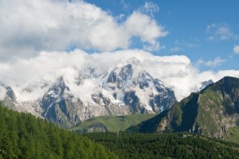 mount Blanc massif from Arpy valley in summer, Italy
