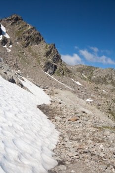path between ice and stones in italian alps