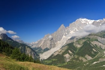 summer view of Ferret Valley and mont Blanc, Courmayeur, Italy. Photo taken with polarized filter