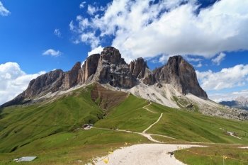 Sassolungo mount on summer from Fassa valley, Italian Dolomites
