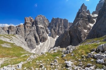 summer landscape in Sella mountain, on background Piz da Lech peak and Mezdi valley, Alto Adige, Italy