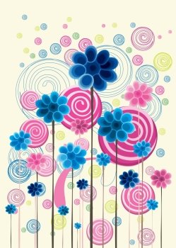 colorful floral doodle in blue and pink

