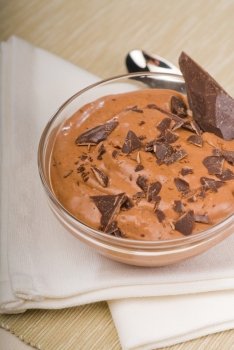 fresh homemade chocolate mousse made with bitter chocolate ,closeup