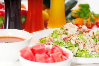 fresh classic caesar salad with red and blonde beer on background ,healthy meal ,MORE DELICIOUS FOOD ON PORTFOLIO