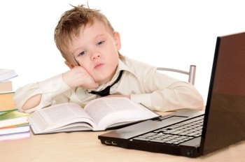 Ponderer pupil with laptop isolated on the white background