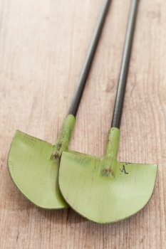 Metallic shovel for gardening on wooden background