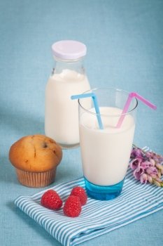 Healthy nutrition with fresh milk and chocolate muffin
