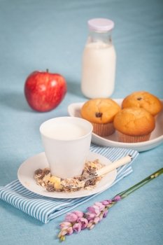 Healthy nutrition with fresh milk and muesli
