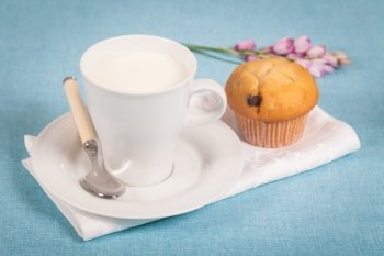 Healthy nutrition with fresh milk and chocolate muffin
