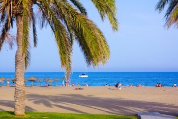Travel Malagueta beach with palm trees and blue sea in Malaga Spain