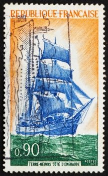 FRANCE - CIRCA 1972: a stamp printed in the France shows Newfoundlander Ship Cote d’Emeraude, Barquentine Ship, Fishing Vessel, circa 1972