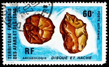 AFARS AND ISSAS - CIRCA 1973: a stamp printed in Afars and Issas shows Pre-historic Flint Tool, Archeology, circa 1973