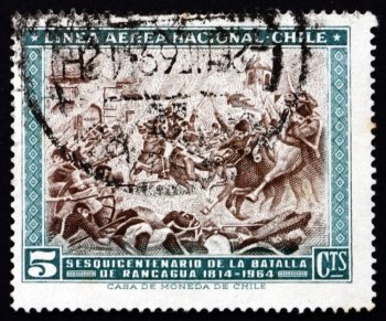 CHILE - CIRCA 1965: a stamp printed in the Chile shows Battle of Rancagua, Chilean War of Independence, 150th Anniversary, circa 1965