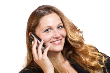 business woman on her mobile phone - isolated over a white background 