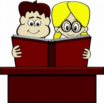 Cartoon illustration showing a boy and a girl studying together reading a book
