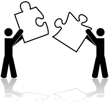 Concept illustration showing two people carrying matching puzzle pieces