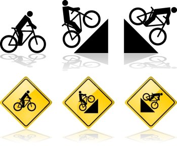 Signs showing a person riding a bicycle in flat terrain and also up and down a hill