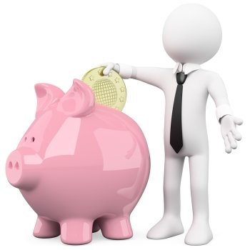 Businessman inserting a coin in a pink piggy bank. Rendered at high resolution on a white background with diffuse shadows.