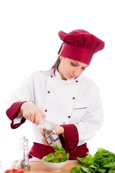 photo of succesfull female restaurant chef on white background 
