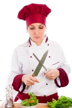 photo of succesfull female restaurant chef on white background 