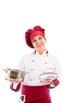 photo of chef with pot in her hands presenting us her dish