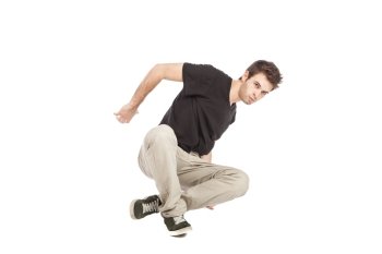 photo of young adult breakdancer with black t-shirt on white background
