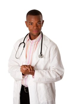 Handsome Doctor physician with stethoscope standing with hand together advising consulting patient, isolated.