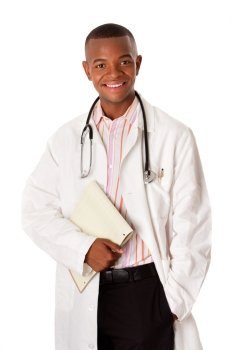 Happy handsome Doctor physician with patient chart dossier notepad and stethoscope, isolated.