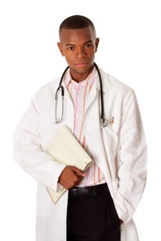 Handsome Doctor physician with patient chart dossier and stethoscope standing with hand in pocket, isolated.