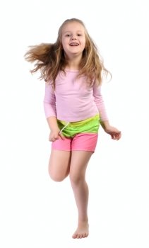 jumping girl with long blond hair and bright clothes, isolated on a white background.
