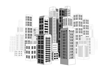 City with three-dimensional buildings and skyscrapers.  Vector illustration on white background