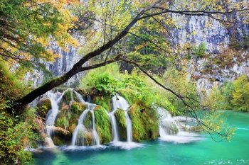 Waterfall in autumn scenery of the Plitvice Lakes National Park, Croatia