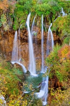 Autumn landscape with beautiful waterfall in the Plitvice Lakes National Park in Croatia