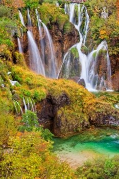 Autumn landscape with beautiful waterfalls in the Plitvice Lakes National Park in Croatia